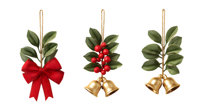 Christmas decor combination with mistletoe, golden bells, and red bow isolated on white background