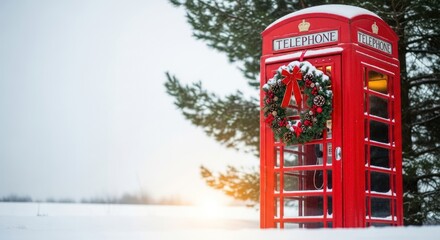 Obraz premium Festive red telephone booth adorned with a christmas wreath in a snowy landscape
