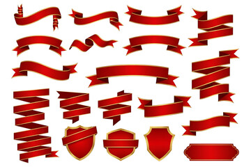 Red Ribbon Banner Set with Gold Trim Transparent PNG