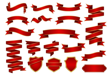 Red Ribbon Banner Set with Gold Trim Transparent PNG
