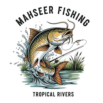 mahseer fish as a logo print design on various media such as t-shirts, mugs, hats, tote bags, etc. for various events related to fishing hobbies, vintage cartoon flat design illustrations

