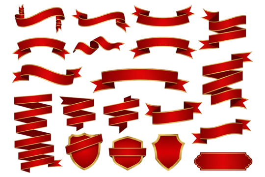 Red Ribbon Banner Set with Gold Trim Transparent PNG