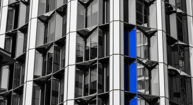 Modern architectural detail of a building corner with a striking vertical blue accent panel contrasting the grayscale facade - Powered by Adobe