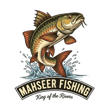 mahseer fish as a logo print design on various media such as t-shirts, mugs, hats, tote bags, etc. for various events related to fishing hobbies, vintage cartoon flat design illustrations
