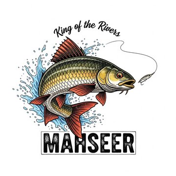 mahseer fish as a logo print design on various media such as t-shirts, mugs, hats, tote bags, etc. for various events related to fishing hobbies, vintage cartoon flat design illustrations
