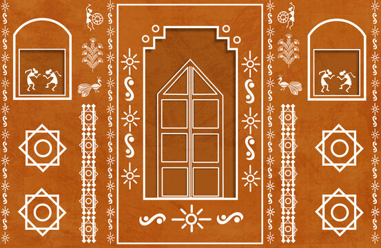 Indian tribal art , hand drawn warli painting on brown texture wall , interior decoration textile or wallpaper design.