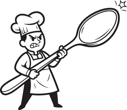 Cartoon angry chef character holding very large spoon like weapon illustration