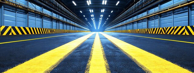 Brightly Lit Industrial Warehouse Interior with Yellow and Black Stripes