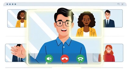 Diverse group of people participating in a video conference call. - Powered by Adobe