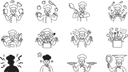 Cartoon angry chef outline characters poses with different kitchen equipment