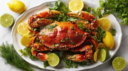 A lively aerial view showcases a cooked Dungeness crab on a white platter accompanied by fresh lemon and lime wedges