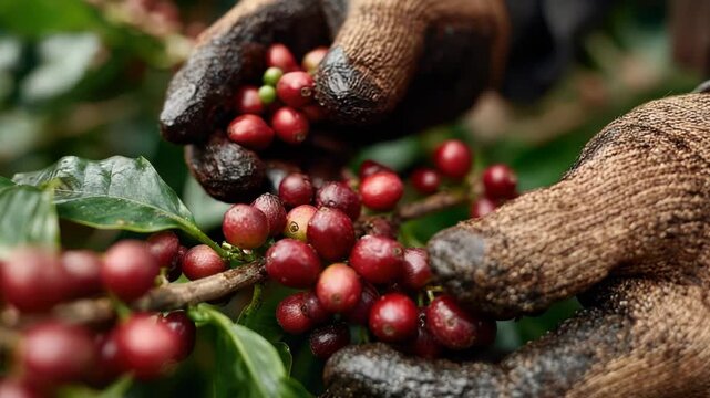 Hands of a worker wearing gloves carefully picking ripe coffee cherries on an organic coffee farm, symbolizing sustainable agriculture, harvest, coffee production, fair trade, and eco-friendly farming