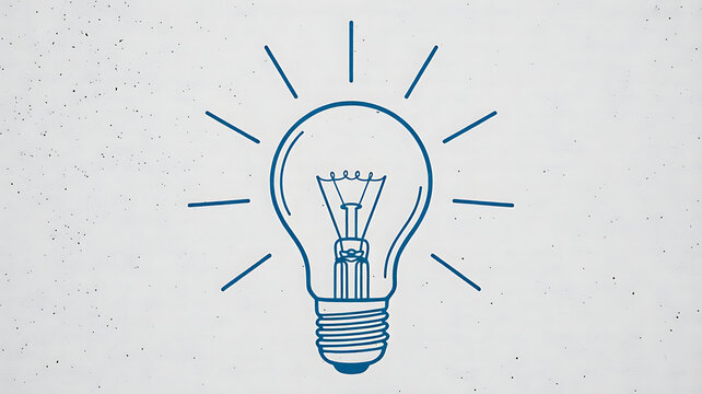 Hand-drawn style illustration of a bright glowing light bulb in blue outline on a textured white background, symbolizing creative ideas, innovation, energy, inspiration, and solutions.