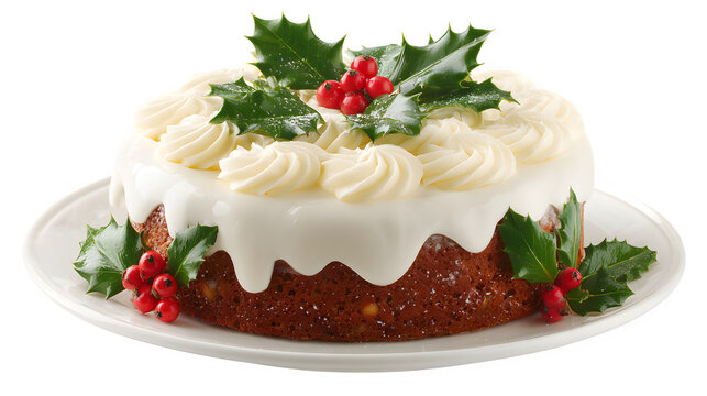 Christmas cake topped with frosting and holly decoration isolated on white background
