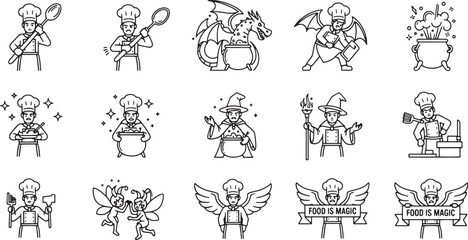 Chef stands with serious face and poses with big spoon on shoulders vector artwork