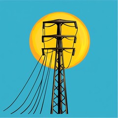 Brown Electricity Pylon Against Bright Yellow Sun and Blue Sky