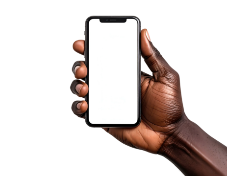Dark skin hand holding blank screen smartphone isolated