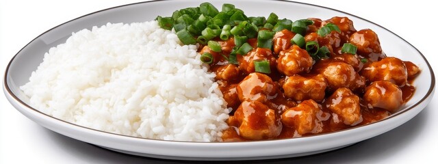 Brown Glazed Meat Cubes with Fluffy White Rice and Green Onions