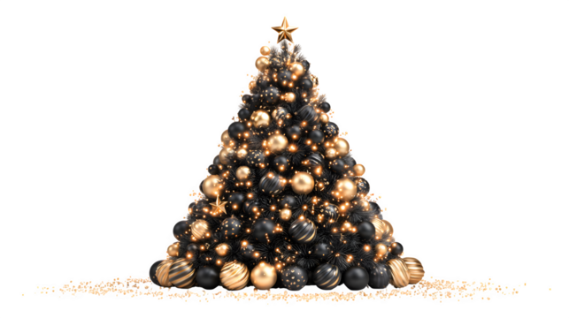 Black and gold Christmas tree with glowing ornaments isolated on white background