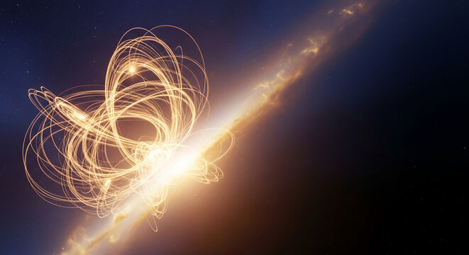 Abstract depiction of light trails forming a complex, swirling pattern against a starry dark background, representing energy, cosmos, and future technology