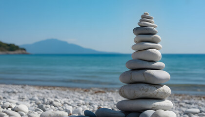 Stone Tower Harmony: A serene seaside scene showcases a perfectly balanced stone tower against a backdrop of a tranquil ocean and a clear, inviting sky. A symbol of mindfulness, balance.