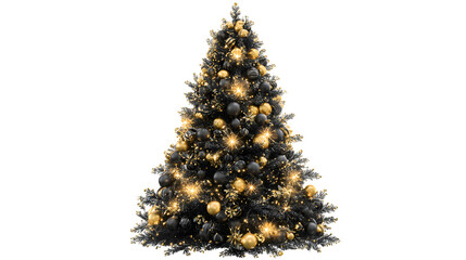 Black and gold Christmas tree with glowing ornaments isolated on white background