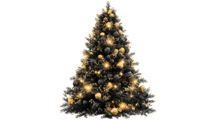 Black and gold Christmas tree with glowing ornaments isolated on white background