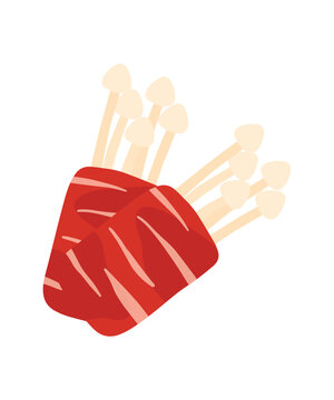 Cartoon Enoki beef rolls  icon for suki and bbq ingredient in cartoon vector illustration