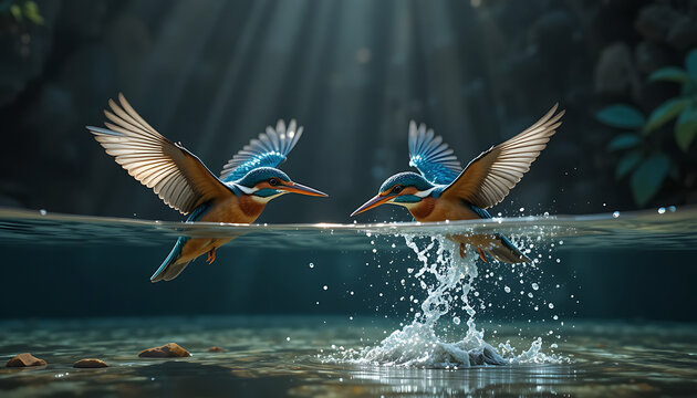 Two kingfishers dive for fish in sunlit water