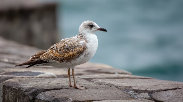 A young seagull on a stone path by the water in New Zealand showcasing its feathers and actions