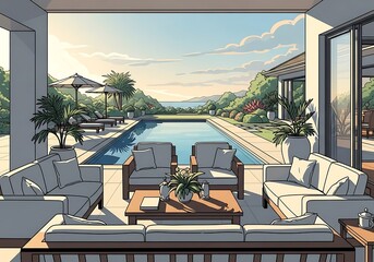 Fototapeta premium Tranquil poolside living area design with stylish furniture and lush garden