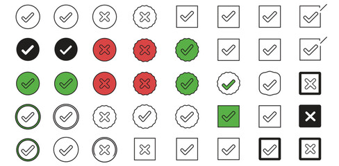 Checks Crosses Icon Set Validation Symbols Tick Marks Approval Graphics Circle Square Detailed Icon Collection for UI