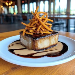 Browned Square Dish Topped with Crispy Fries and Sauces