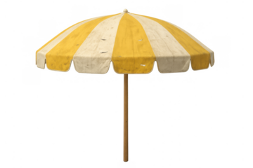 Vintage striped beach umbrella on a transparent background, showing wear and tear, providing shade for summer holidays