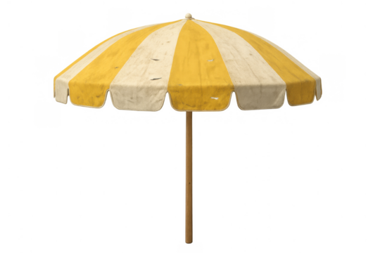 Vintage striped beach umbrella on a transparent background, showing wear and tear, providing shade for summer holidays - Powered by Adobe