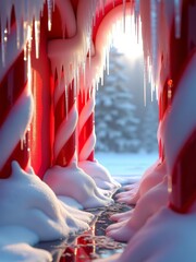 Candy cane palace with icicles in winter landscape