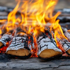 Burning Wood Logs with Bright Flames in a Campfire