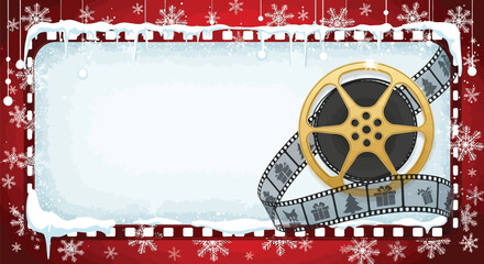 Festive winter holidays movie time backdrop with snowflakes and film reel, perfect for seasonal promotions and movie announcements on a snowy red background