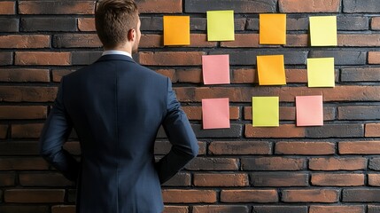 Businessman Contemplating Colorful Sticky Notes on Brick Wall