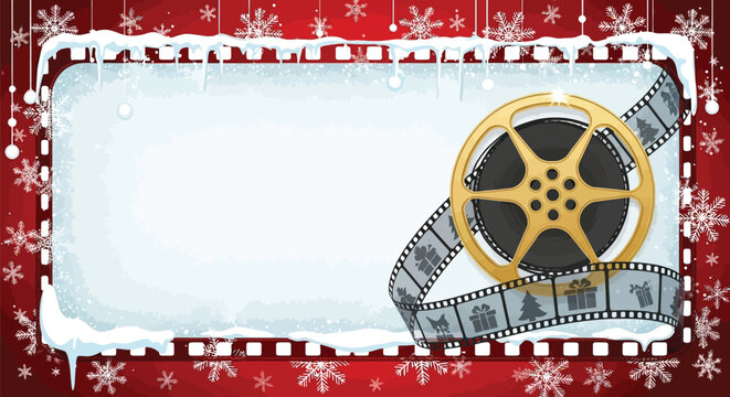 Festive winter holidays movie time backdrop with snowflakes and film reel, perfect for seasonal promotions and movie announcements on a snowy red background