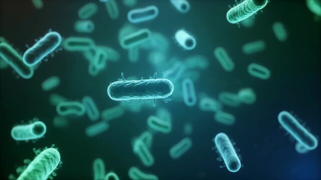 Microscopic view of bacteria multiplying rapidly in a photorealistic, time-lapse style, showcasing microbial cell growth and organization