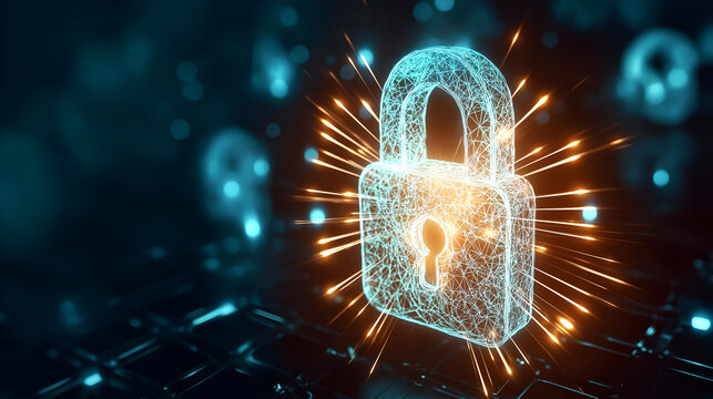 A glowing digital padlock symbolizing security and protection in the cyberspace realm.