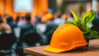 A bright orange safety helmet sits beside a green plant at a conference, emphasizing the blend of safety and nature.