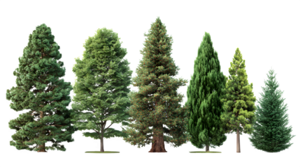 Collection of evergreen trees in various sizes isolated on white background