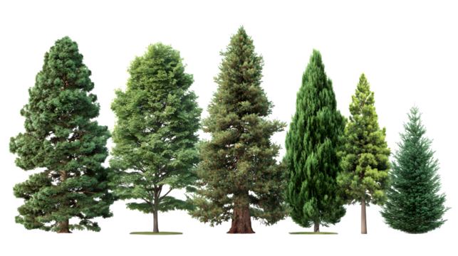 Collection of evergreen trees in various sizes isolated on white background - Powered by Adobe