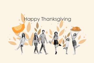 Image trendy artwork banner collage of happy girls guy kid meeting family member thanksgiving...