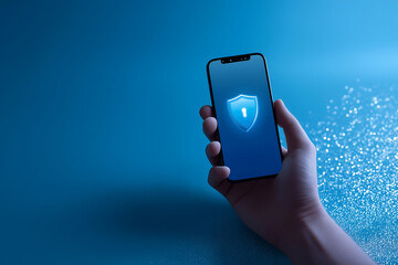 A hand holding a smartphone displaying a digital security symbol on a blue background, representing online safety.