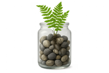 Fern plant growing in glass jar with rocks