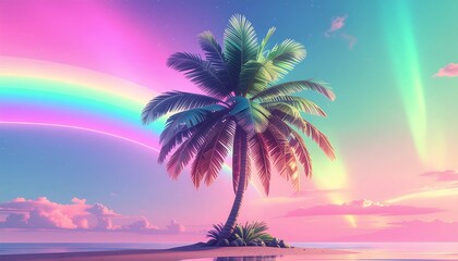Naklejka premium Serene Tropical Paradise Palm Tree Silhouette Against a Rainbow Sky Over a Tranquil Beach Scene