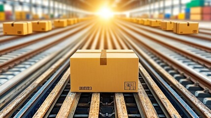 Cardboard Box on Train Tracks Efficient Cargo Transportation